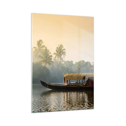 Impression sur verre - Image sur verre - Un bateau sur une rivière calme entourée de palmiers le matin - 50x70cm - Maison sur la rivière - Décoration murale moderne pour le salon et la chambre ARTTOR