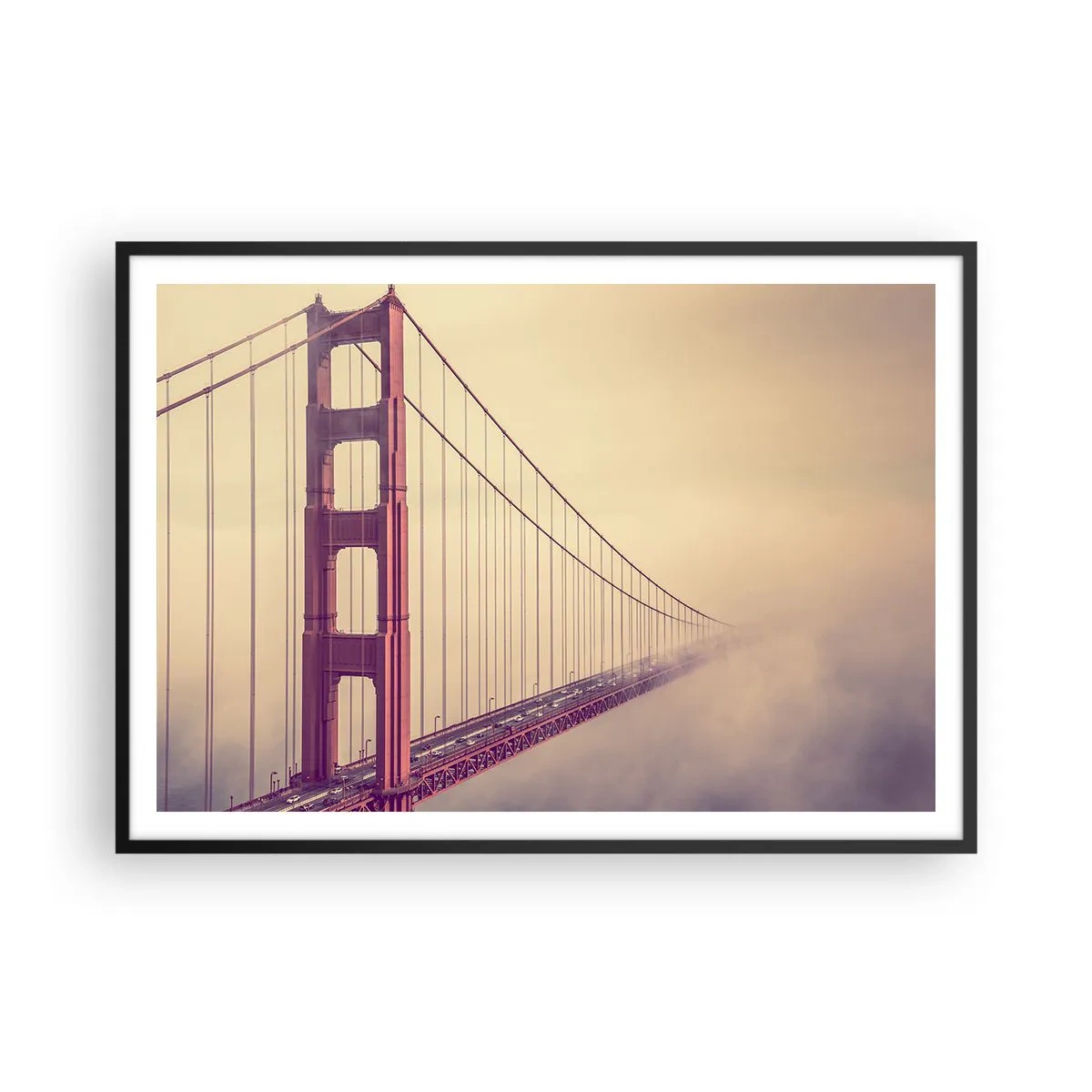Affiche dans un cadre noir - Poster - Un pont dans le brouillard aux tons pastel, symbole d'élégance et de paix - 100x70cm - Entre ciel et terre - Décoration murale moderne pour le salon et la chambre ARTTOR