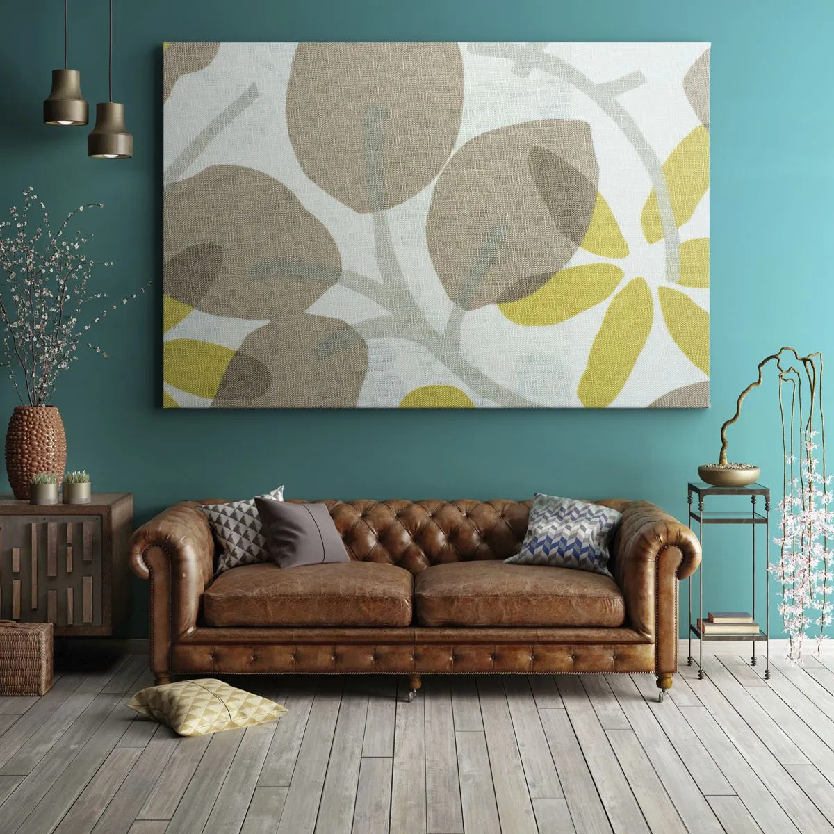 Impression sur toile - Image sur toile - Feuilles abstraites dans les tons beige et jaune - 70x50cm - Composition en plein soleil - Décoration murale moderne pour le salon et la chambre ARTTOR