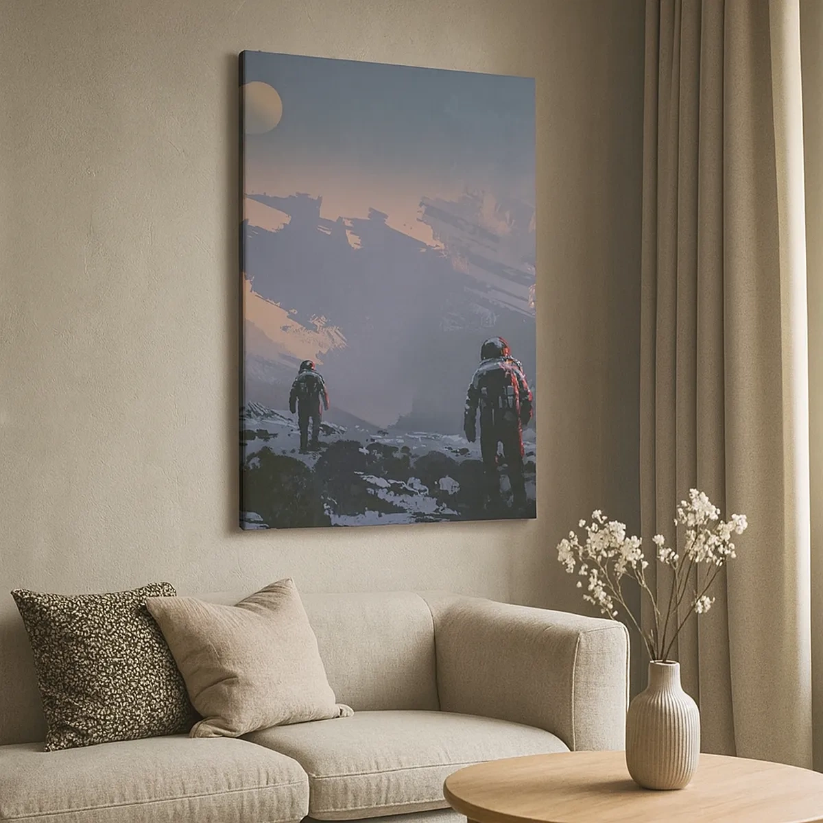 Impression sur toile - Image sur toile - Des astronautes sur une planète extraterrestre avec une épave de vaisseau spatial - 50x70cm - Sous une étoile inconnue - Décoration murale moderne pour le salon et la chambre ARTTOR