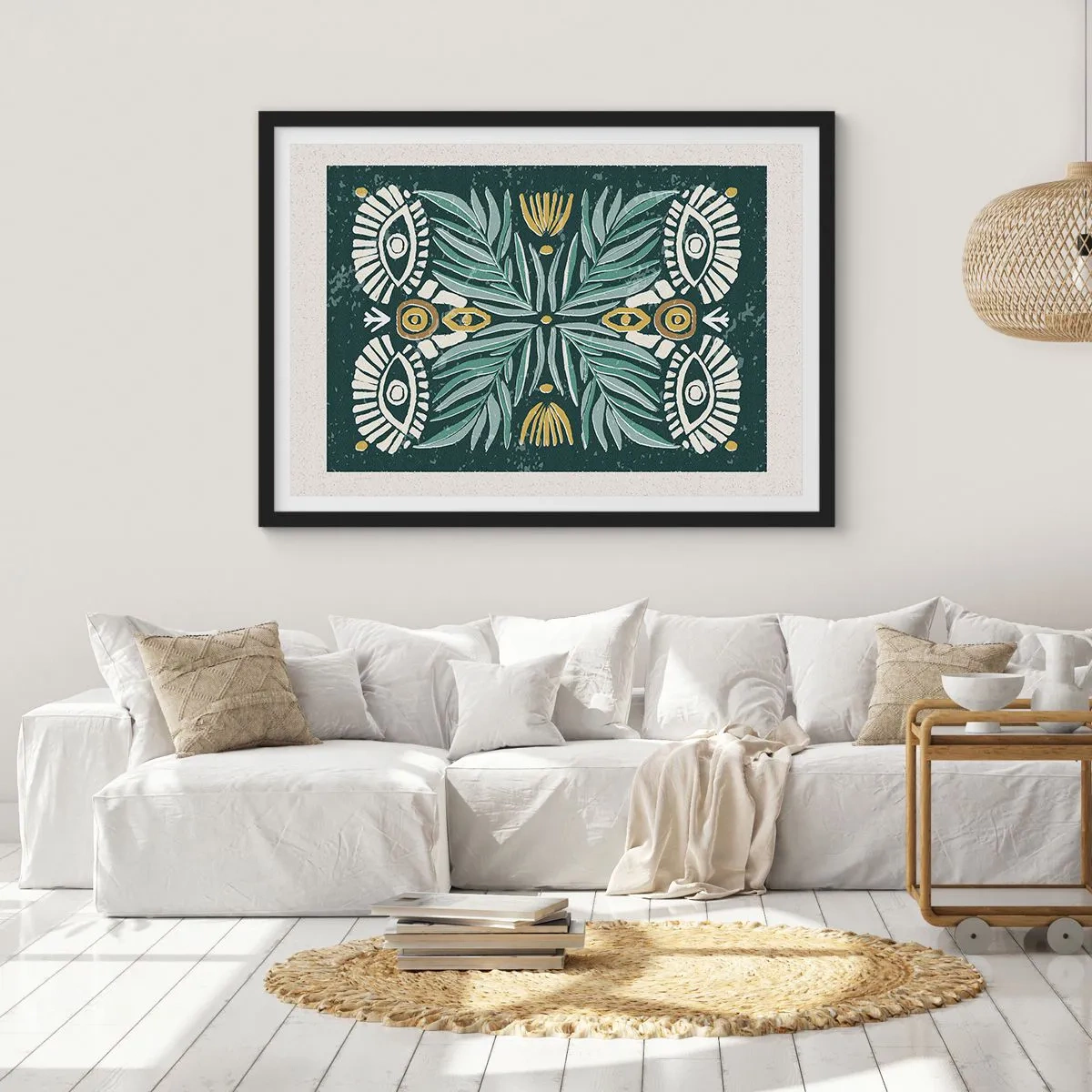 Affiche dans un cadre noir - Poster - Motif végétal symétrique sur fond vert - 70x50cm - Comme une découpe folklorique - Décoration murale moderne pour le salon et la chambre ARTTOR