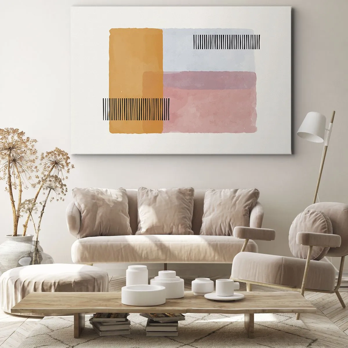 Impression sur toile - Image sur toile - Géométrie aux couleurs pastel avec des lignes sur fond clair - 100x70cm - D'un coin à l'autre - Décoration murale moderne pour le salon et la chambre ARTTOR