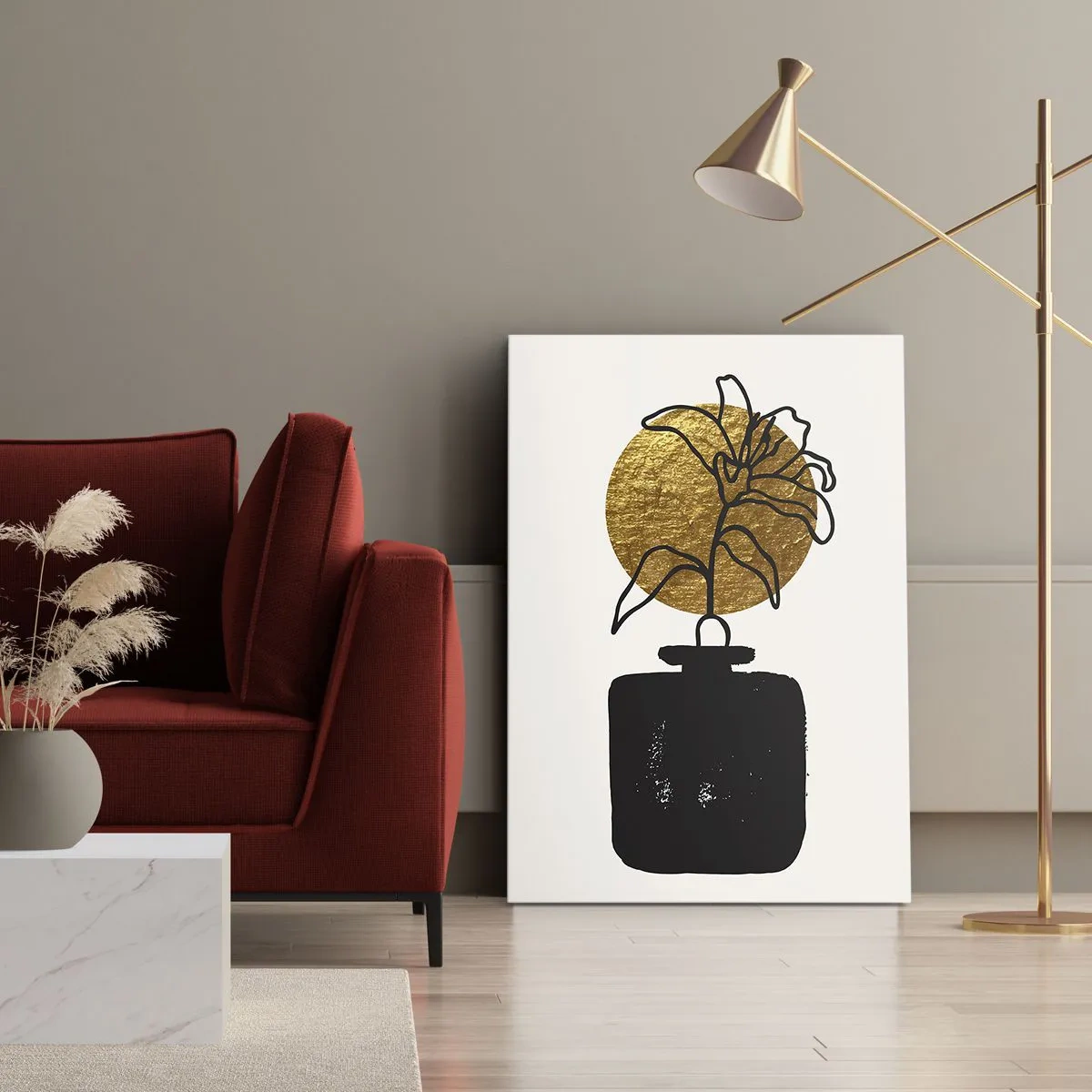 Impression sur toile - Image sur toile - Un dessin d'une fleur dans un vase sur un fond de cercle doré - 70x100cm - La beauté vaut son pesant d'or - Décoration murale moderne pour le salon et la chambre ARTTOR