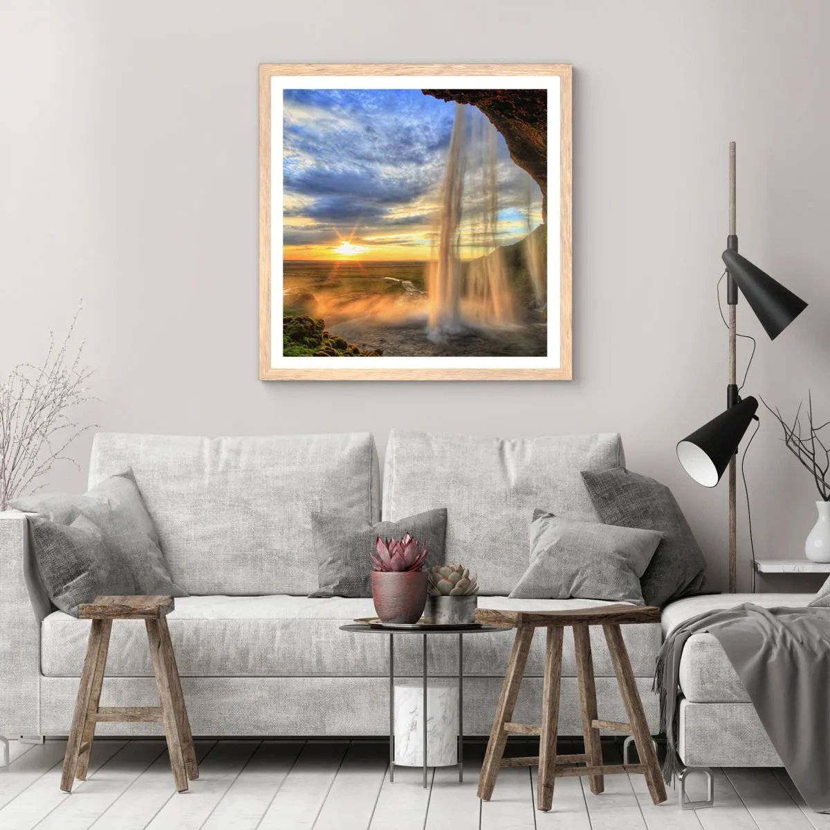 Affiche dans un chêne clair - Poster - Le monde derrière un voile de gouttes - 60x60 cm