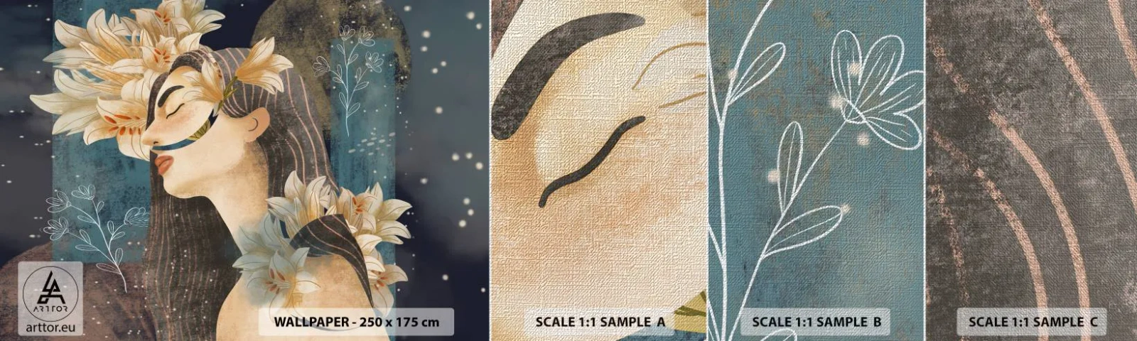 Échantillon de Papier Peint Premium Canvas - Conte de fée sur la princesse lilas - Abstraction, Femme, Fleurs - 100x30 cm
