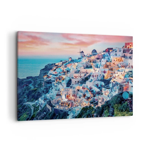 Impression sur toile - Image sur toile - Santorin au coucher du soleil avec des bâtiments blancs sur la colline - 120x80cm - Vos grandes vacances en Grèce - Décoration murale moderne pour le salon et la chambre ARTTOR