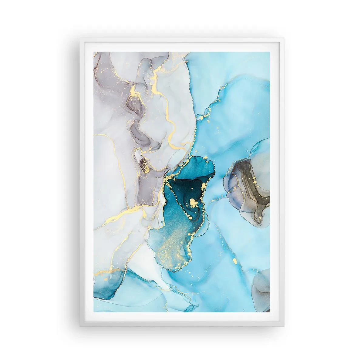 Affiche dans un cadre blanc - Poster - Etude de la rencontre gris et turquoise - 70x100 cm