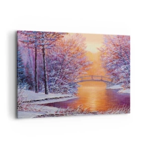 Impression sur toile - Image sur toile - Paysage d'hiver avec un pont et un coucher de soleil - 100x70cm - On se rencontre ici - Décoration murale moderne pour le salon et la chambre ARTTOR