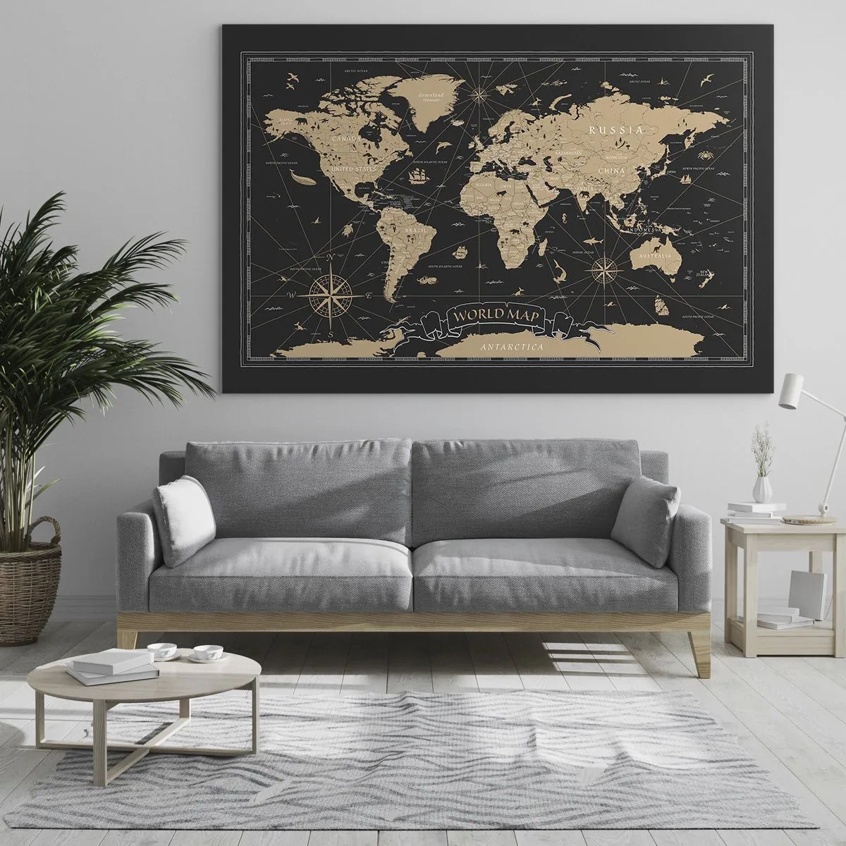 Impression sur verre - Image sur verre - Carte du monde stylisée dans les tons beige et noir - 70x50cm - Les limites de mon monde - Décoration murale moderne pour le salon et la chambre ARTTOR