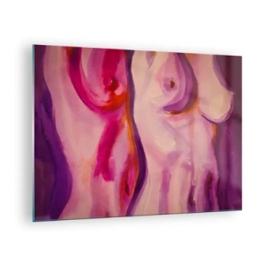 Impression sur verre - Image sur verre - Une interprétation artistique de silhouettes féminines dans des tons de rose et de violet. - 70x50cm - Ode à la féminité - Décoration murale moderne pour le salon et la chambre ARTTOR