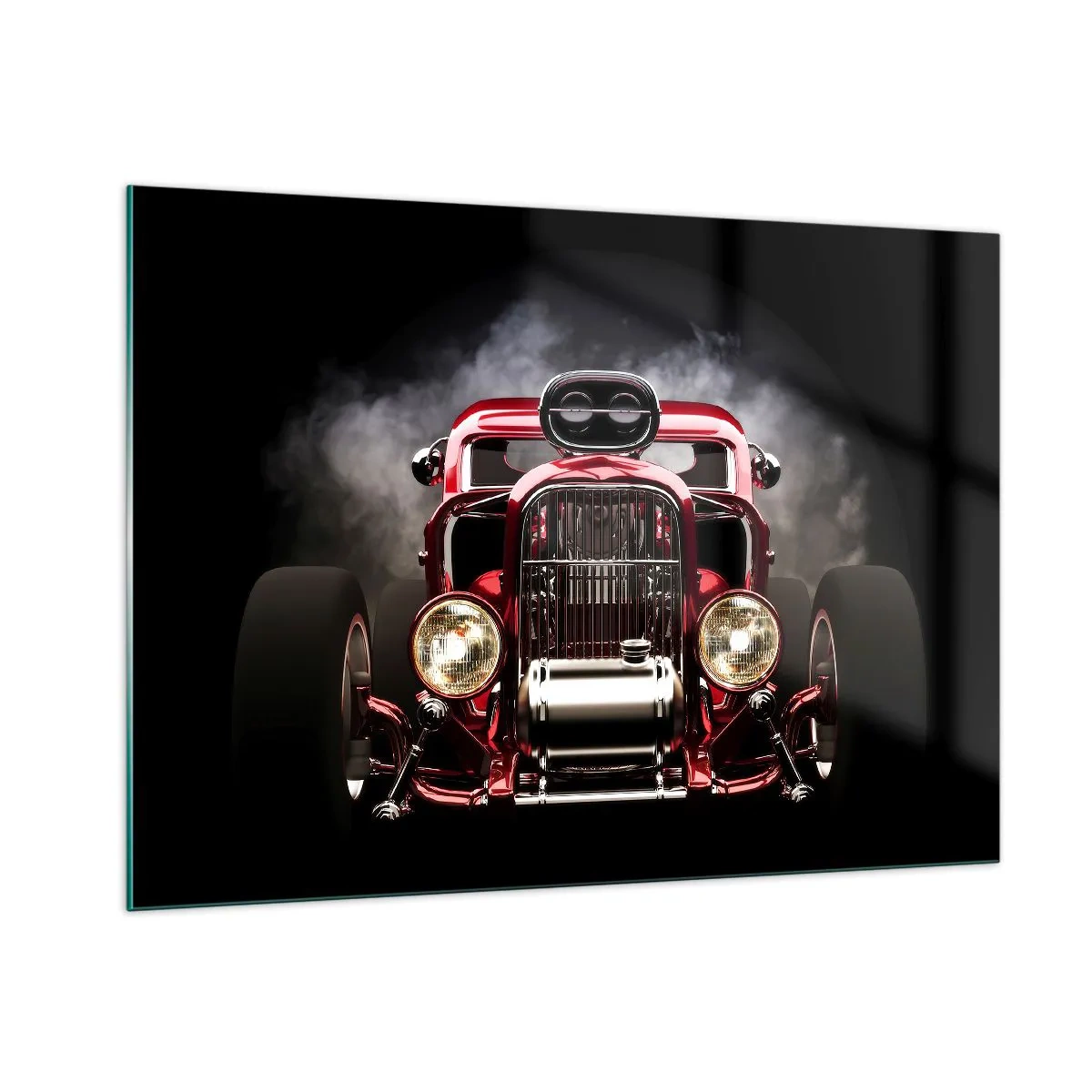 Impression sur verre - Image sur verre - Hot rod rouge dans une épaisse fumée - 100x70cm - Rapide et furieusement beau - Décoration murale moderne pour le salon et la chambre ARTTOR