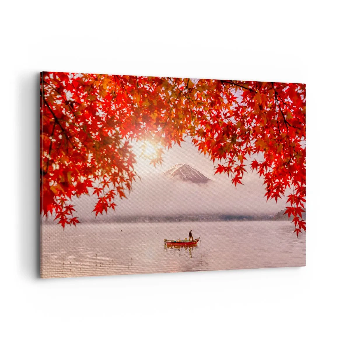 Impression sur toile - Image sur toile - Un bateau sur un lac entouré de feuilles d'érable rouges - 120x80cm - Dans le climat japonais - Décoration murale moderne pour le salon et la chambre ARTTOR