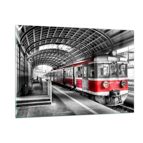 Impression sur verre - Image sur verre - Train rouge à la gare sous un toit - 120x80cm - C'est peut-être le voyage de votre vie ? - Décoration murale moderne pour le salon et la chambre ARTTOR