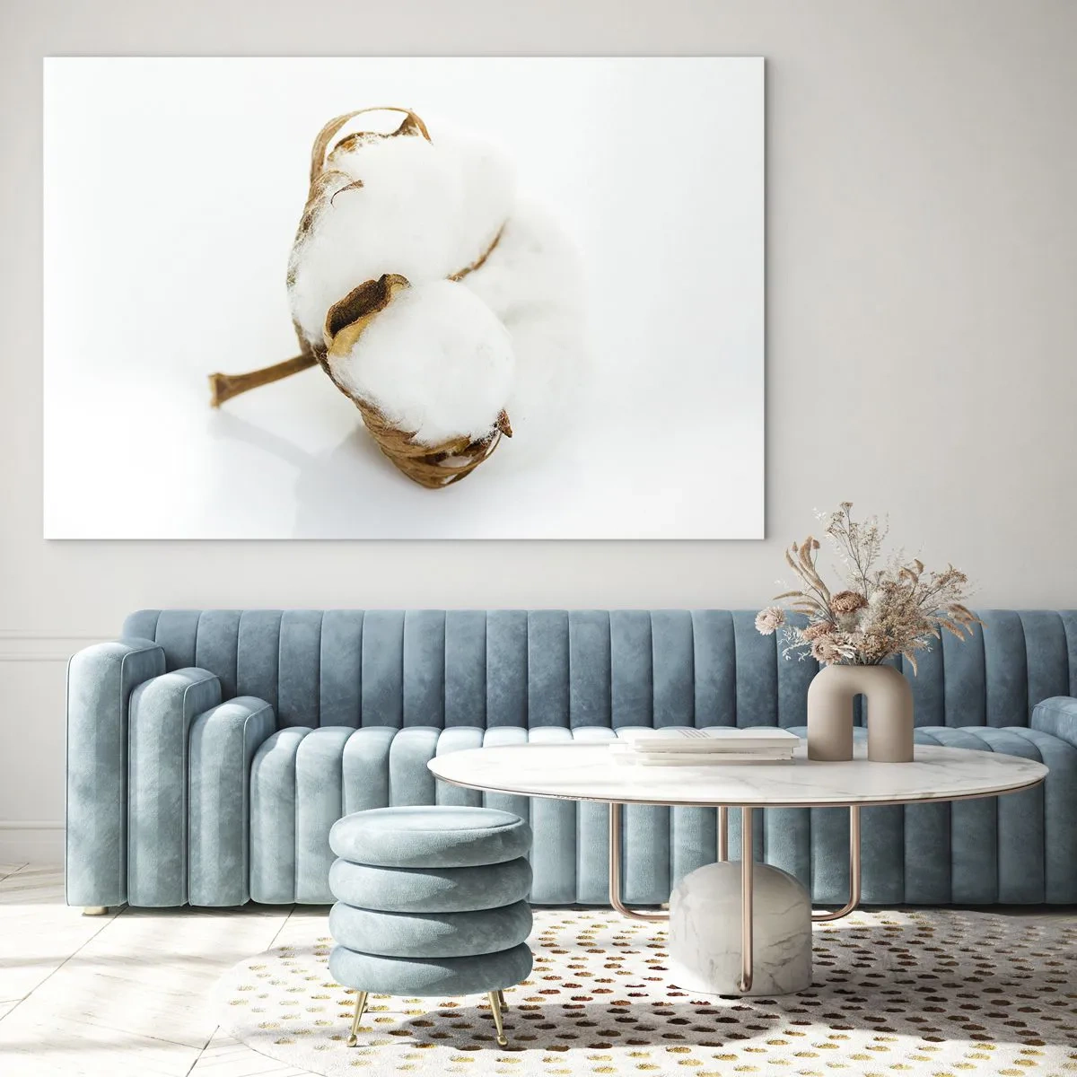 Impression sur verre - Image sur verre - Une seule fleur de coton duveteuse sur fond blanc - 70x50cm - Doux par nature - Décoration murale moderne pour le salon et la chambre ARTTOR