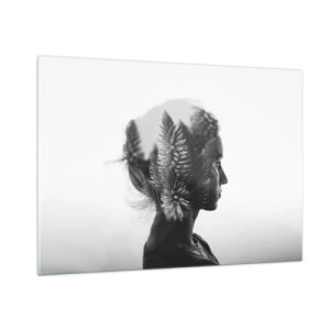 Impression sur verre - Image sur verre - Une femme en noir et blanc avec un motif de forêt de conifères superposé - 100x70cm - Dame de la pinède - Décoration murale moderne pour le salon et la chambre ARTTOR