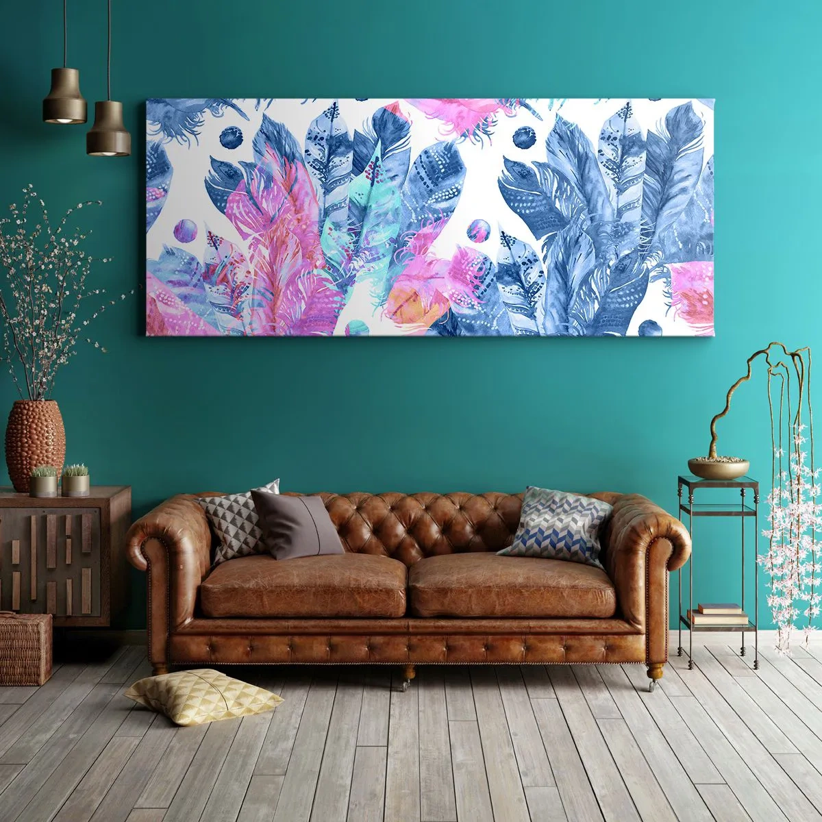 Impression sur toile - Image sur toile - Plumes en rose et bleu - 100x40 cm