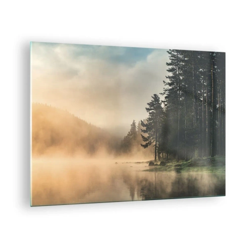 Impression sur verre - Image sur verre - Un matin brumeux sur un lac forestier - 70x50cm - Naissance du jour - Décoration murale moderne pour le salon et la chambre ARTTOR