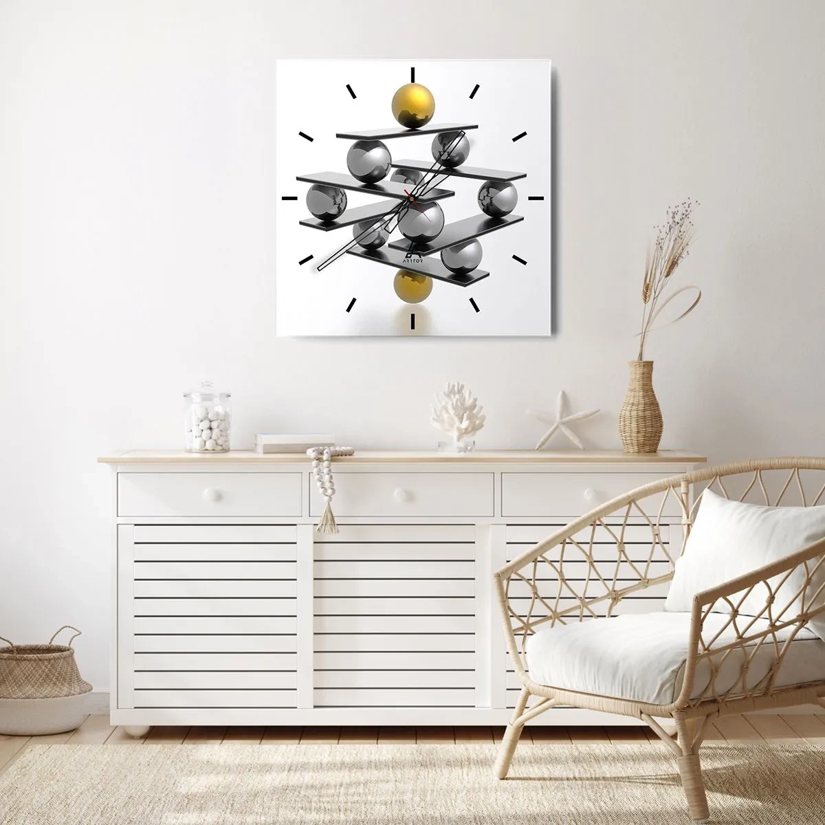 Horloge murale - Pendule murale - Composition géométrique avec des boules métalliques et un accent doré - 30x30cm - Balance d'or et d'argent - Décoration murale moderne pour le salon et la chambre ARTTOR