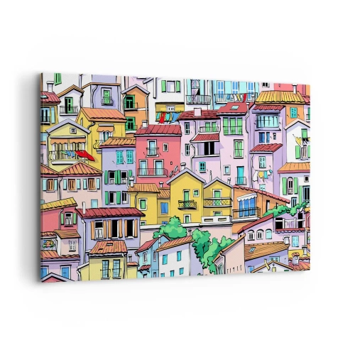 Impression sur toile - Image sur toile - Des immeubles colorés au style vivant et joyeux - 100x70cm - Ville joyeuse - Décoration murale moderne pour le salon et la chambre ARTTOR