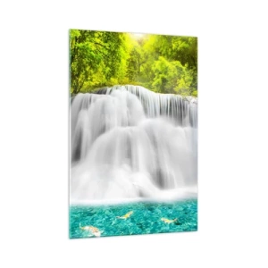Impression sur verre - Image sur verre - Une cascade dans une forêt tropicale avec de l'eau turquoise - 70x100cm - Une cascade mousseuse du vert à l'azur - Décoration murale moderne pour le salon et la chambre ARTTOR