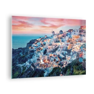 Impression sur verre - Image sur verre - Ville grecque perchée sur une falaise au crépuscule surplombant la mer - 70x50cm - Vos grandes vacances en Grèce - Décoration murale moderne pour le salon et la chambre ARTTOR