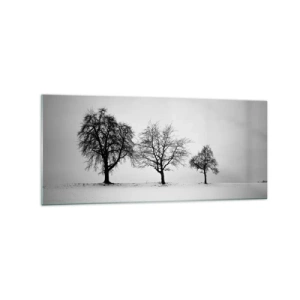 Impression sur verre - Image sur verre - Trois arbres dans un champ enneigé dans un style monochrome - 120x50cm - A quoi rêvent-ils? - Décoration murale moderne pour le salon et la chambre ARTTOR
