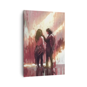 Impression sur toile - Image sur toile - Un couple debout dans une lumière chaude sur fond de motifs abstraits - 70x100cm - L'éternel spectacle de l'amour - Décoration murale moderne pour le salon et la chambre ARTTOR