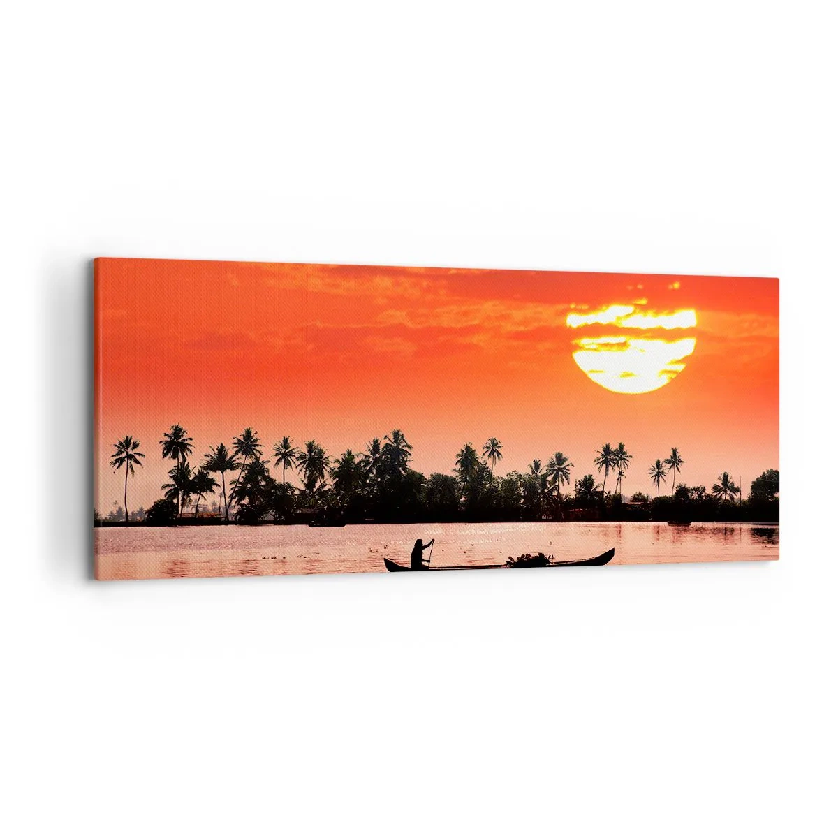 Impression sur toile - Image sur toile - Coucher de soleil tropical avec un bateau et des palmiers en arrière-plan - 120x50cm - La tranquillité des tropiques au coucher du soleil - Décoration murale moderne pour le salon et la chambre ARTTOR