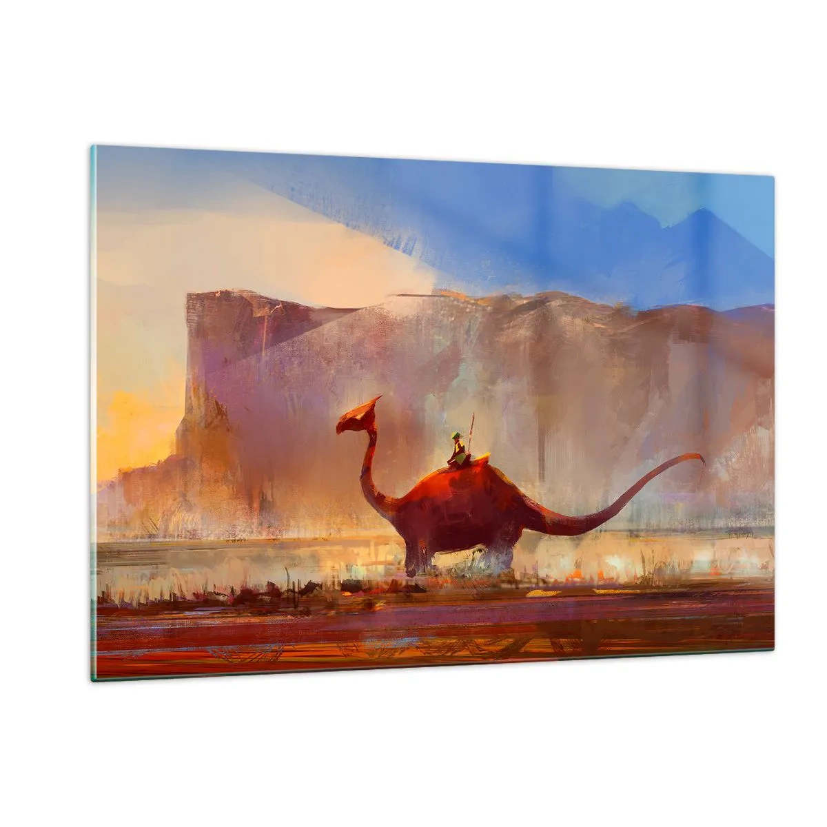 Impression sur verre - Image sur verre - Un paysage fantastique avec un cavalier sur une créature préhistorique - 120x80cm - S'ils n'avaient pas disparu - Décoration murale moderne pour le salon et la chambre ARTTOR
