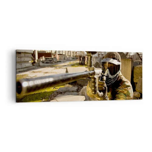 Impression sur toile - Image sur toile - Un joueur de paintball en tenue de camouflage visant un marqueur - 140x50cm - Et vous pouvez devenir un héros - Décoration murale moderne pour le salon et la chambre ARTTOR