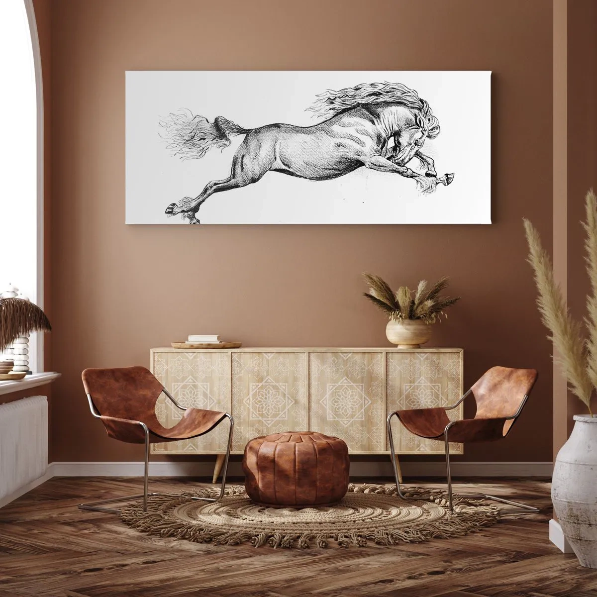 Impression sur toile - Image sur toile - Croquis d'un cheval au galop dynamique sur fond blanc - 160x50cm - Immortalisé au galop - Décoration murale moderne pour le salon et la chambre ARTTOR