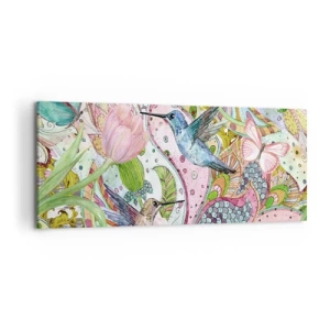 Impression sur toile - Image sur toile - Colibris et papillons colorés parmi les plantes - 120x50cm - Empêtré dans les vignes - Décoration murale moderne pour le salon et la chambre ARTTOR