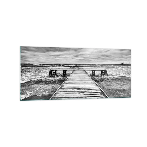 Impression sur verre - Image sur verre - Une vue en noir et blanc d'une jetée en bois sur une mer agitée. - 120x50cm - J'attends que le vent, ça le chassera... - Décoration murale moderne pour le salon et la chambre ARTTOR