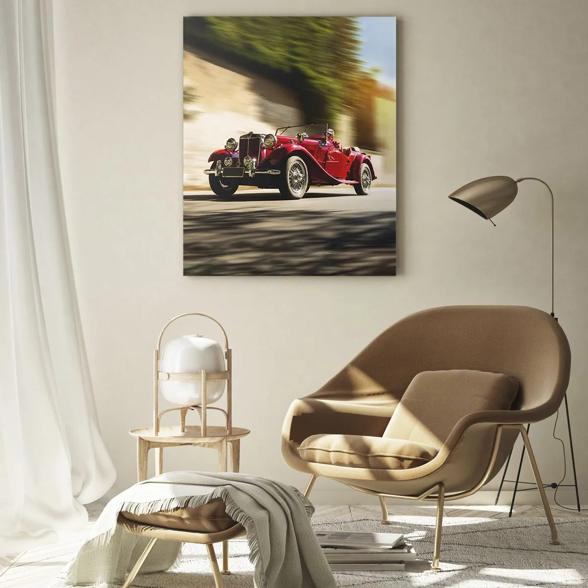 Impression sur verre - Image sur verre - Cabriolet rouge classique en mouvement sur fond de rue et de paysage flou - 50x70cm - Plus belle que Nike de Samothrace - Décoration murale moderne pour le salon et la chambre ARTTOR