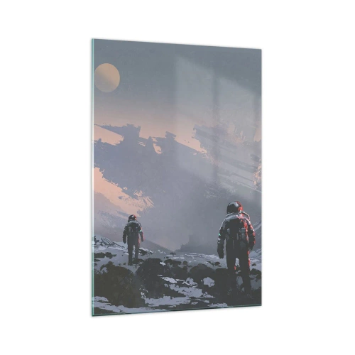 Impression sur verre - Image sur verre - Des astronautes sur une planète extraterrestre avec une épave de vaisseau spatial - 70x100cm - Sous une étoile inconnue - Décoration murale moderne pour le salon et la chambre ARTTOR
