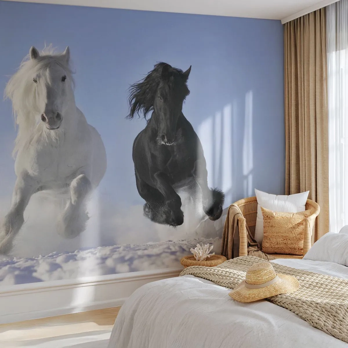 Papier Peint Autocollant Deluxe Sticker - Galop noir et blanc - Animaux, Cheval, Hiver - 250x175 cm