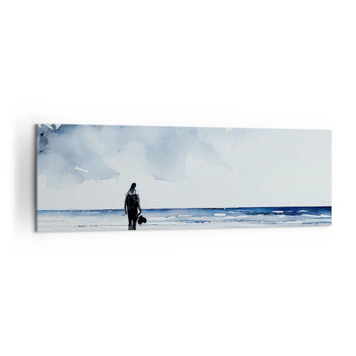 Impression sur toile - Image sur toile - Une silhouette sur une plage dans un environnement marin calme - 160x50cm - Conversation avec la mer - Décoration murale moderne pour le salon et la chambre ARTTOR