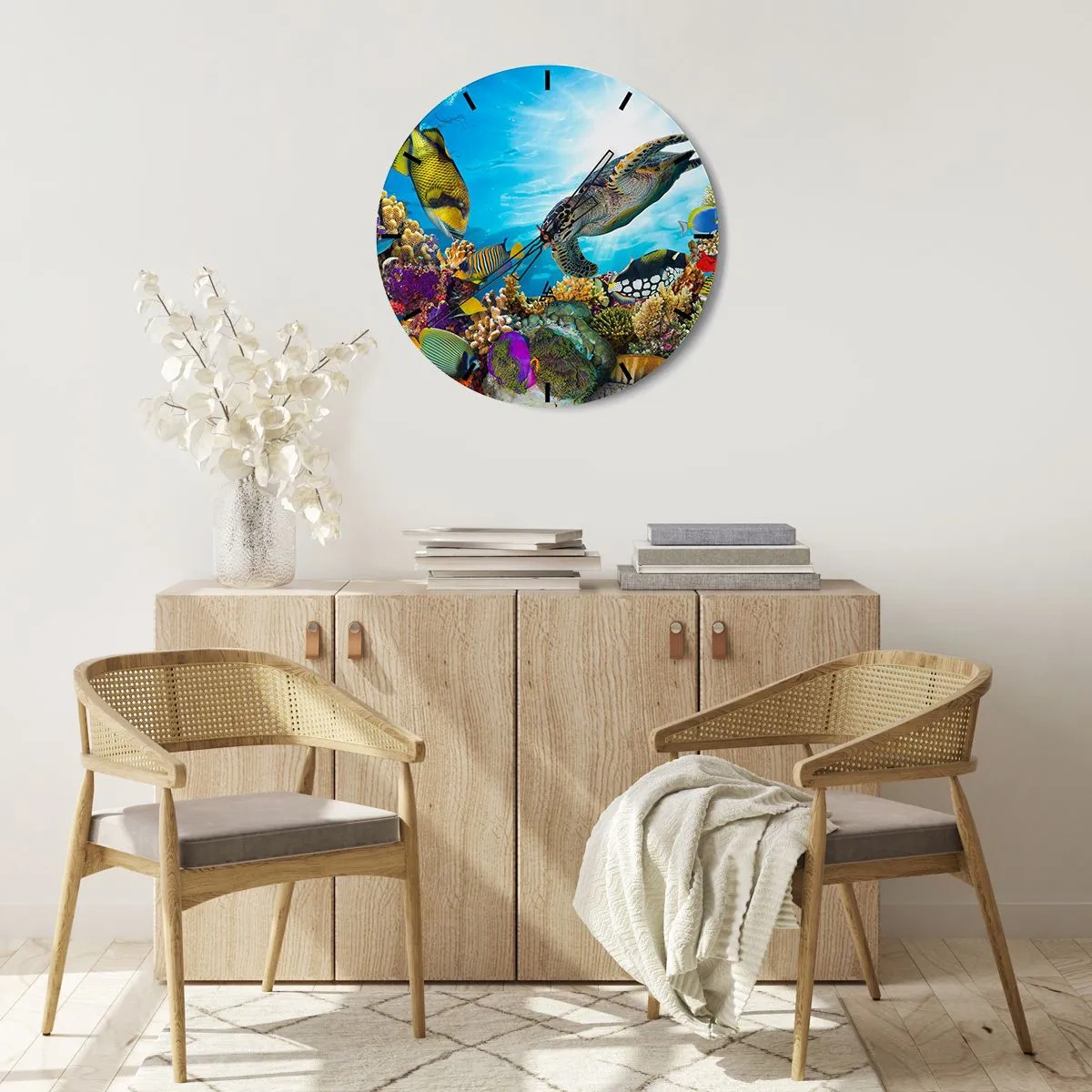Horloge murale - Pendule murale - Monde sous-marin avec récif corallien, poissons et tortues de mer - 30x30cm - Promenade de corail - Décoration murale moderne pour le salon, la cuisine et la chambre ARTTOR