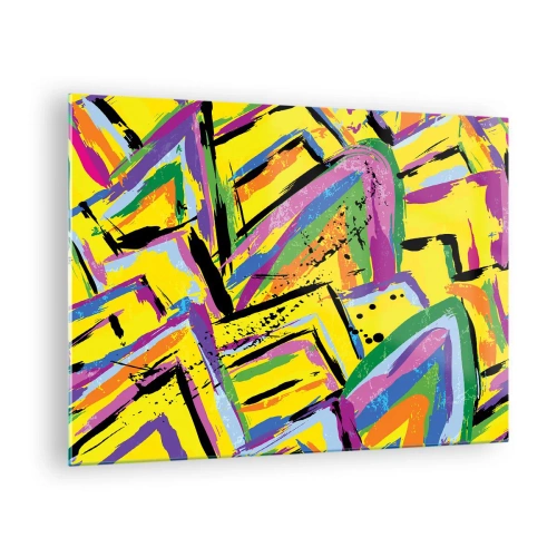 Impression sur verre - Image sur verre - Abstraction intense aux couleurs vives sur fond jaune - 70x50cm - Jusqu'à ce qu'il crie de joie - Décoration murale moderne pour le salon et la chambre ARTTOR