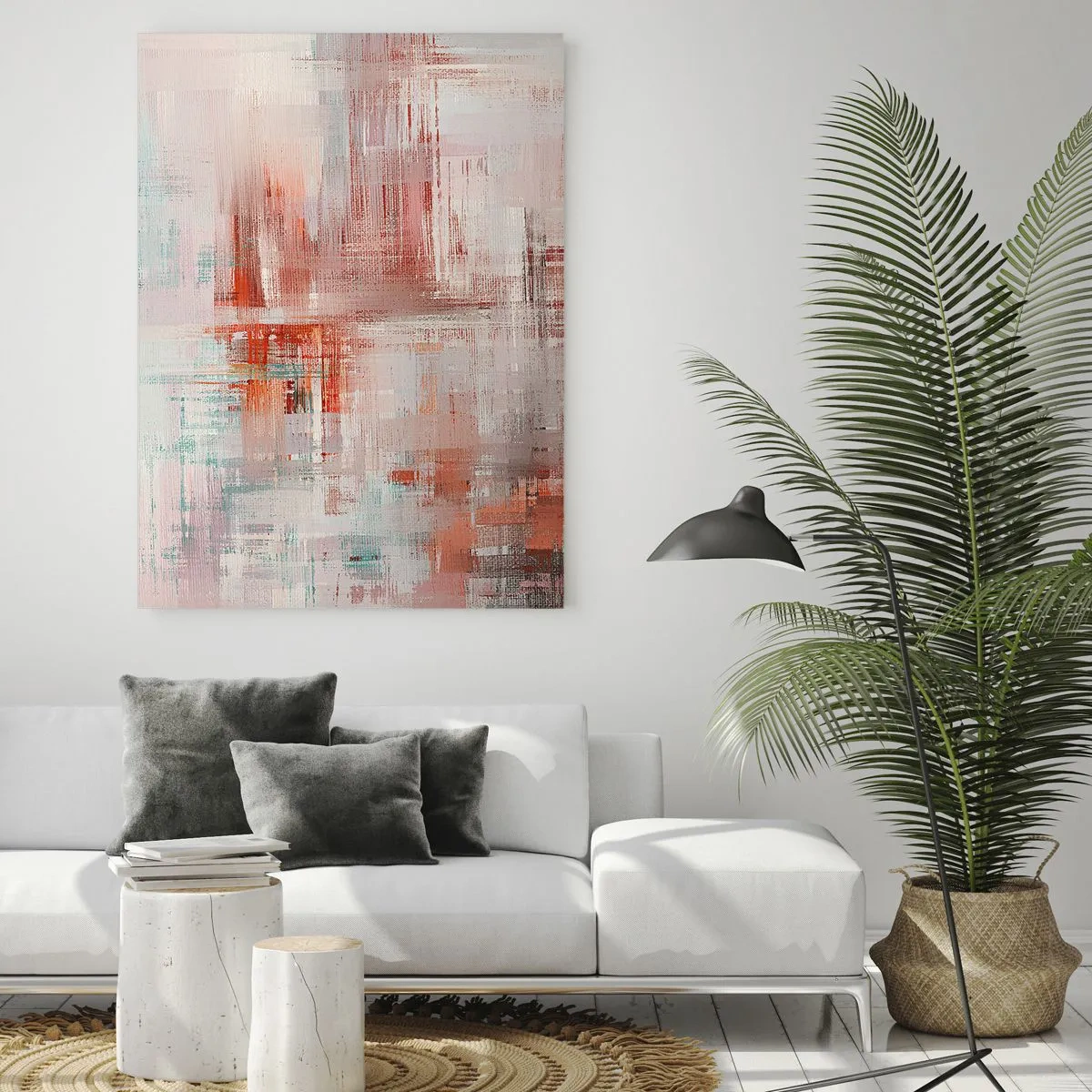 Impression sur verre - Image sur verre - Une composition abstraite dans les tons de rouge et de beige. - 50x70cm - Brumeux. Mais rose - Décoration murale moderne pour le salon et la chambre ARTTOR