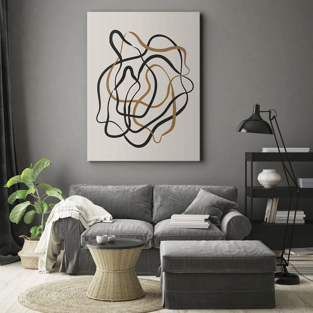 Impression sur toile - Image sur toile - Lignes emmêlées en noir et or sur fond clair - 70x100cm - Tout s'est mal déroulé - Décoration murale moderne pour le salon et la chambre ARTTOR