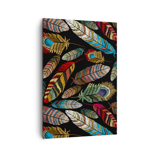 Impression sur toile - Image sur toile - Plumes colorées sur fond noir - 70x100cm - Le carnaval des oiseaux - Décoration murale moderne pour le salon et la chambre ARTTOR
