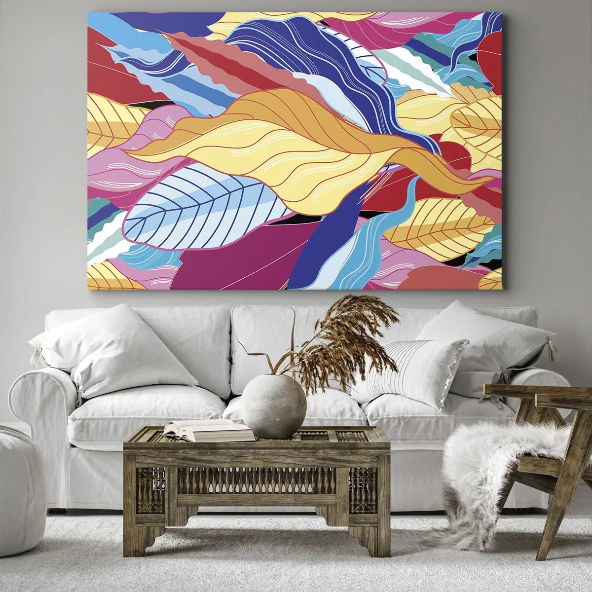 Impression sur toile - Image sur toile - Des feuilles aux couleurs vives créent une composition dynamique - 120x80cm - Un désordre coloré - Décoration murale moderne pour le salon et la chambre ARTTOR