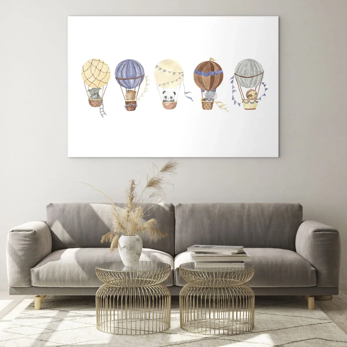 Impression sur verre - Image sur verre - Animaux volant dans des ballons dans un style aquarelle - 70x50cm - Compagnons de voyage - Décoration murale moderne pour le salon et la chambre ARTTOR