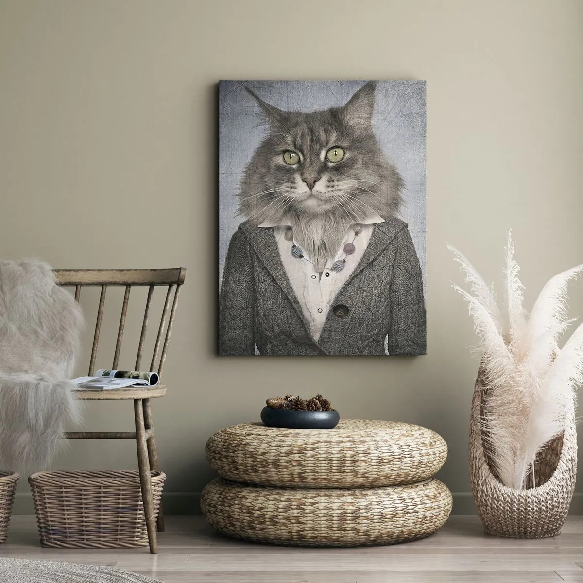 Impression sur toile - Image sur toile - Un triptyque avec des figures animales en vêtements élégants sur un fond stylisé - 50x70cm - La fourrure revient à la mode - Décoration murale moderne pour le salon et la chambre ARTTOR