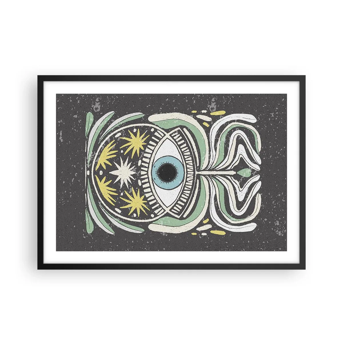 Affiche dans un cadre noir - Poster - Un œil symbolique entouré de motifs abstraits - 70x50cm - Rituels tribaux - Décoration murale moderne pour le salon et la chambre ARTTOR
