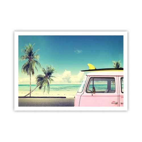 Affiche - Poster - Une camionnette rose avec une planche de surf sur une plage tropicale. - 100x70cm - Il est temps de commencer les vacances - Décoration murale moderne pour le salon et la chambre ARTTOR