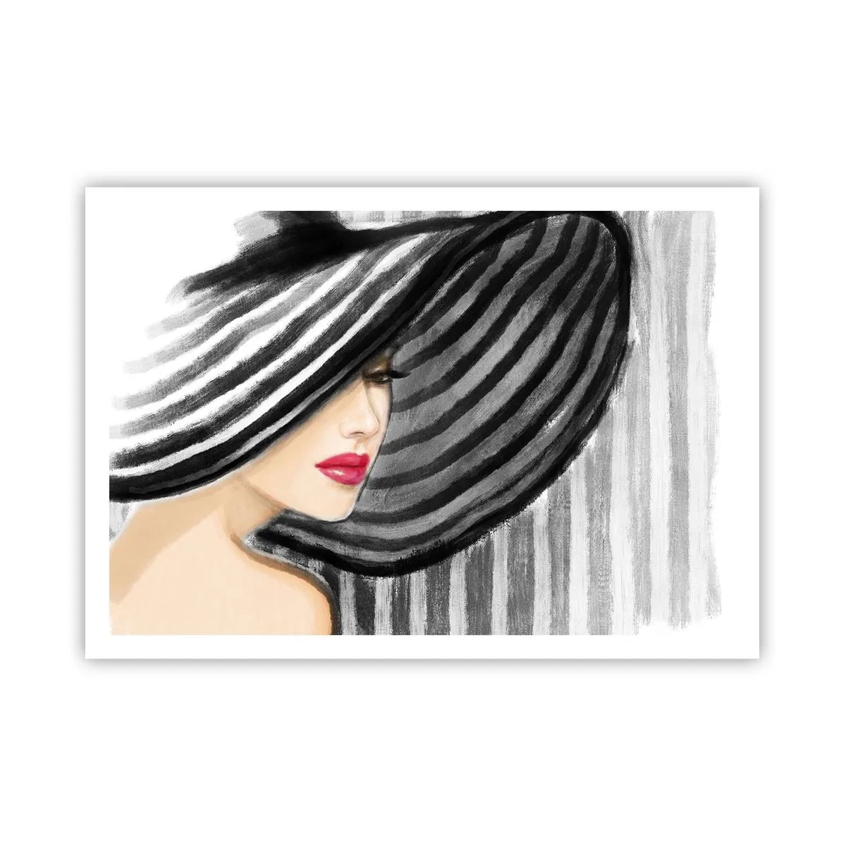 Affiche - Poster - Femme portant un chapeau noir et blanc avec une touche rouge - 100x70cm - Où te chercher ? - Décoration murale moderne pour le salon et la chambre ARTTOR