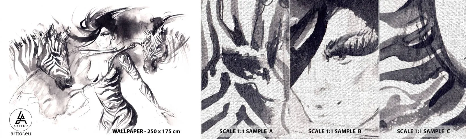 Échantillon de Papier Peint Premium Canvas - Danse avec les zèbres - Abstraction, Femme, Côtes - 100x30 cm