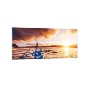 Impression sur verre - Image sur verre - Bateau bleu sur la plage au coucher du soleil - 120x50cm - Allongez-vous dans le sable après une longue journée - Décoration murale moderne pour le salon et la chambre ARTTOR